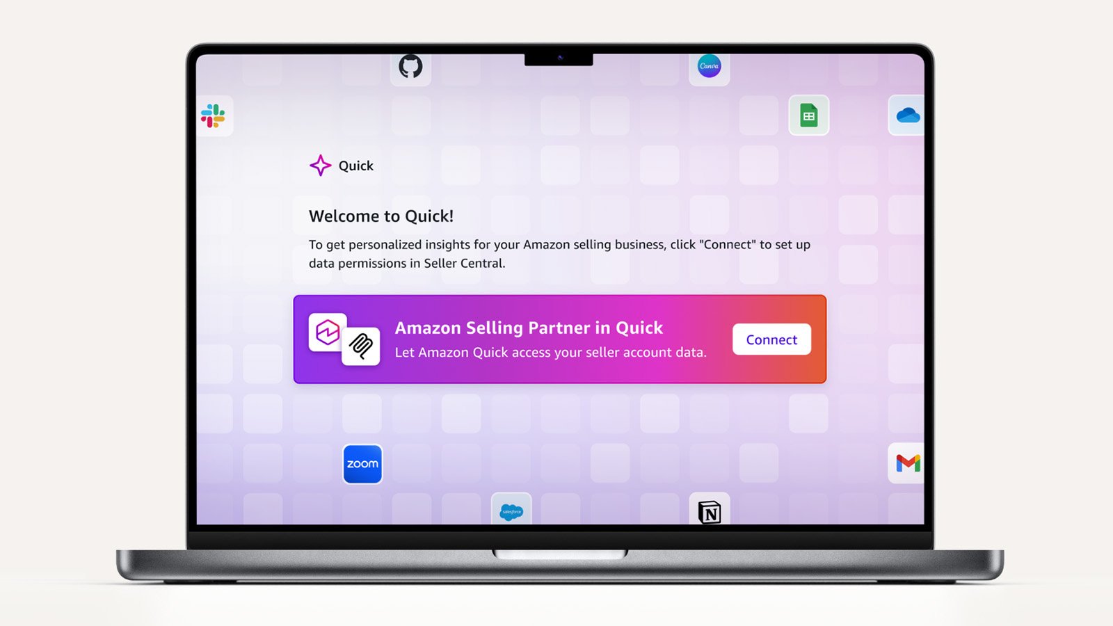 Amazon Quick and Claude connect popup dashboard for linking a Selling Partner account